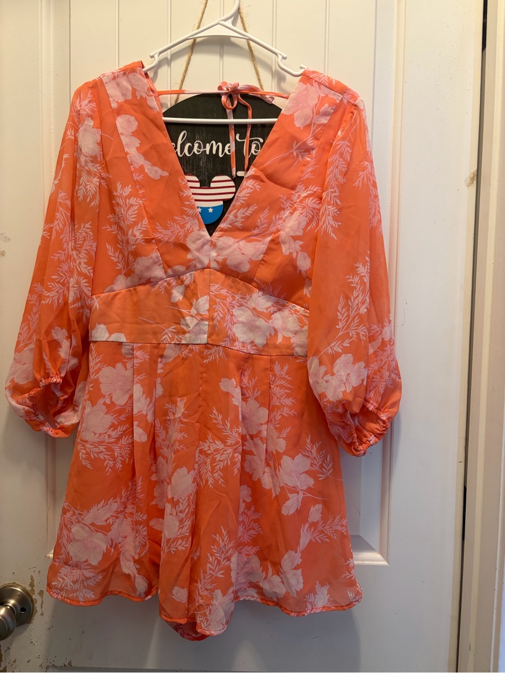 Francesca's Collections Coral Orange Floral V-Neck Romper